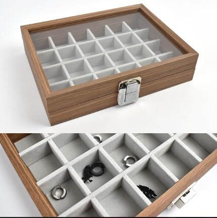 KRISHYAM® Wooden Jewelry Box Jewellery Case with Glass Lid, 24 Grid Jewelry Organizer with Lock for Rings, Earrings - Image 3