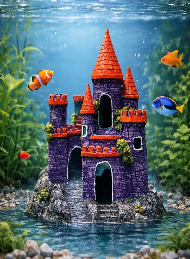 rizopets Aquarium Castle Decoration, Purple with Orange Roof, Fish Tank Ornament, Underwater Hideout - Image 1