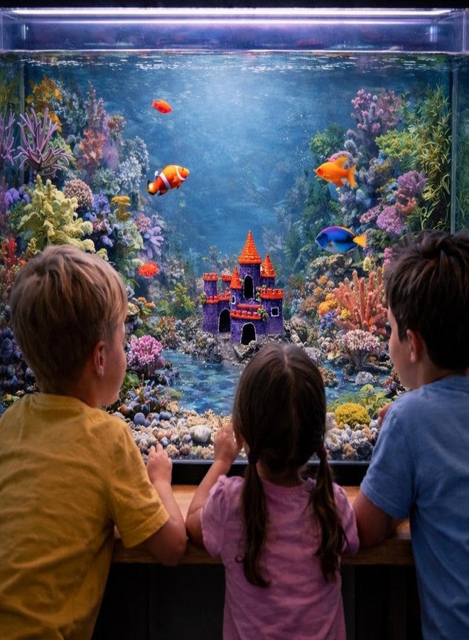 rizopets Aquarium Castle Decoration, Purple with Orange Roof, Fish Tank Ornament, Underwater Hideout - Image 3