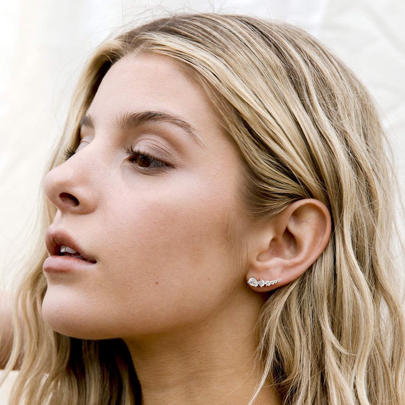 PAVOI 14K Gold Plated Sterling Silver Post Cubic Zirconia Ear Crawler Earrings - Faux Diamond Arrow Ear Climber Fashion Earrings in White Gold - Image 2