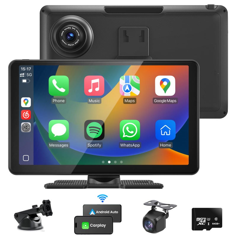 Aonerex Compatible Wireless Apple CarPlay Android Auto Screen for Car, 2K Dash Camera 9 Inch 1080P Touch Screen Stereo Bluetooth Portable GPS Navigation Vedio Player Mirror Link, Airplay, Siri, Voice Control - Image 1