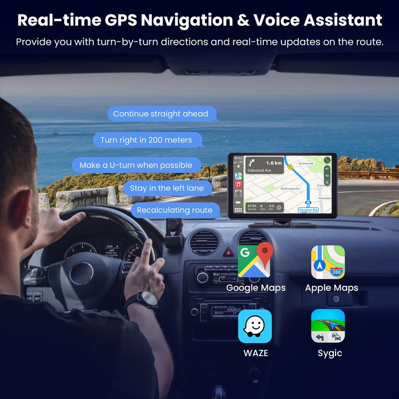 Aonerex Compatible Wireless Apple CarPlay Android Auto Screen for Car, 2K Dash Camera 9 Inch 1080P Touch Screen Stereo Bluetooth Portable GPS Navigation Vedio Player Mirror Link, Airplay, Siri, Voice Control - Image 4