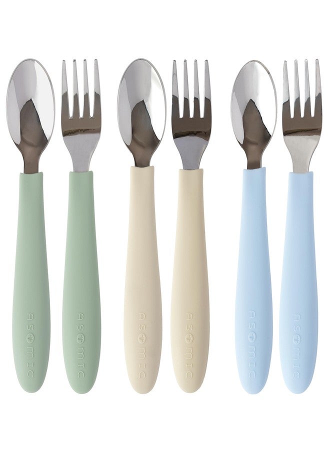 ASOMIC Premium 316 Stainless Steel Cutlery Set with Food-Grade Silicone Handles for Toddlers & Kids, 6-Piece Utensils Set with Safe Spoons & Forks, Durable & Dishwasher Safe (Sage/Sky Blue/Ivory) - Image 1