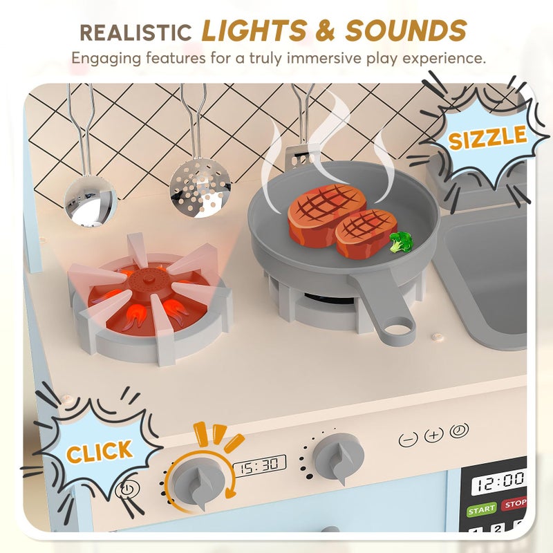 BIERUM Play Kitchen with Realistic Lights & Sounds, Wooden Kitchen Playset Chef Pretend Play Set for Toddlers, Toy Kitchen with 26 Pcs Toy Food & Cookware Accessories, Gift for Ages 3+ - Image 2