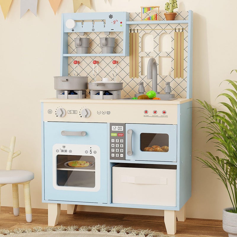 BIERUM Play Kitchen with Realistic Lights & Sounds, Wooden Kitchen Playset Chef Pretend Play Set for Toddlers, Toy Kitchen with 26 Pcs Toy Food & Cookware Accessories, Gift for Ages 3+ - Image 1