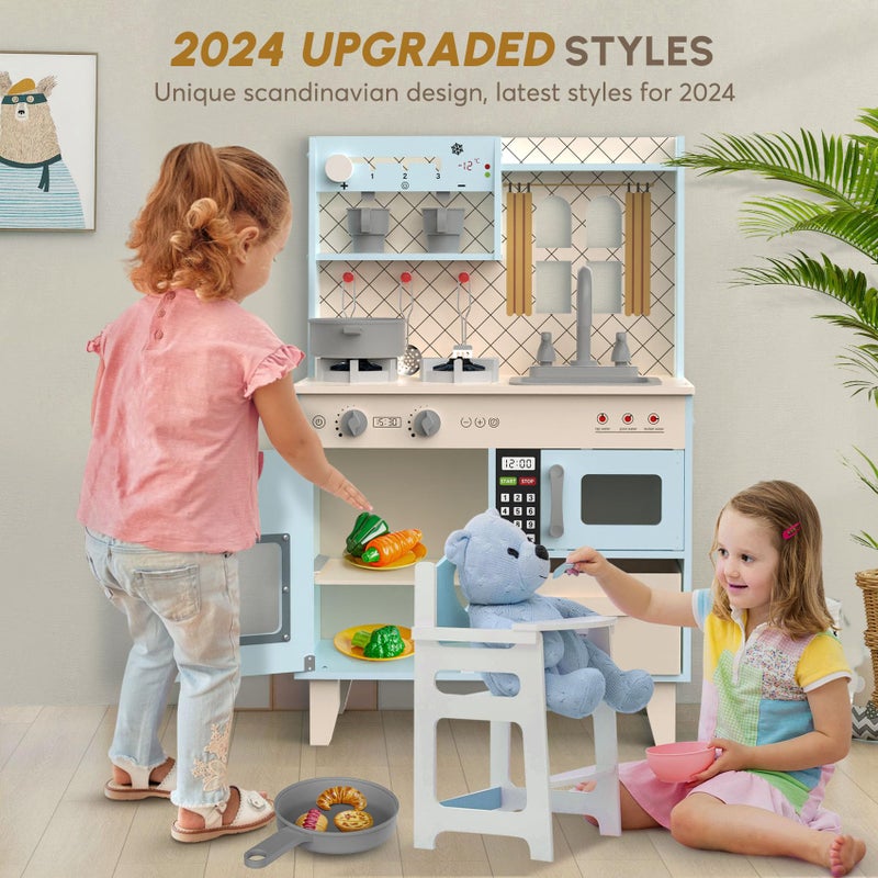 BIERUM Play Kitchen with Realistic Lights & Sounds, Wooden Kitchen Playset Chef Pretend Play Set for Toddlers, Toy Kitchen with 26 Pcs Toy Food & Cookware Accessories, Gift for Ages 3+ - Image 4