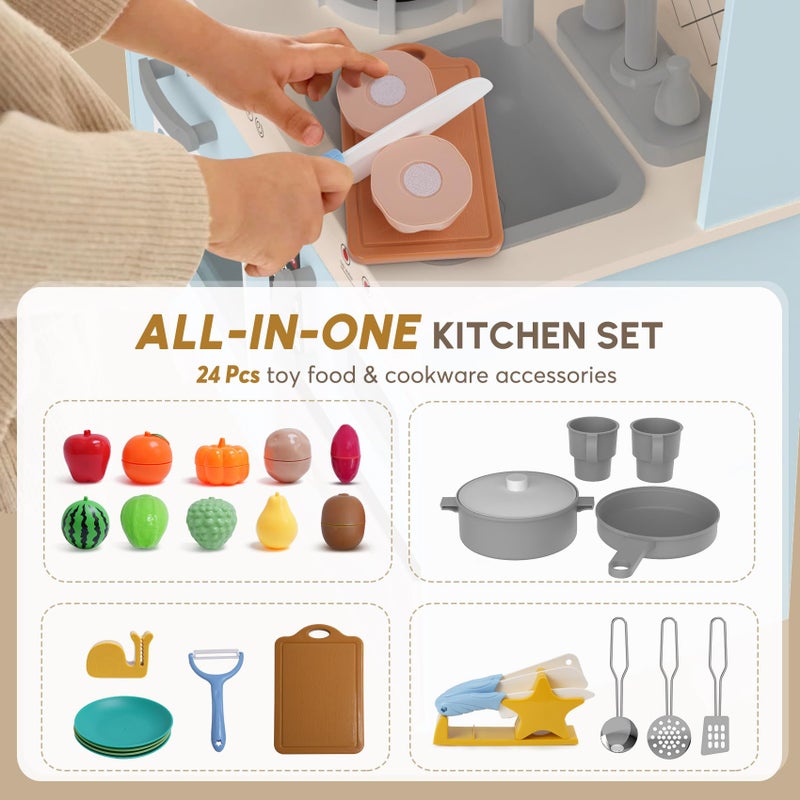 BIERUM Play Kitchen with Realistic Lights & Sounds, Wooden Kitchen Playset Chef Pretend Play Set for Toddlers, Toy Kitchen with 26 Pcs Toy Food & Cookware Accessories, Gift for Ages 3+ - Image 3