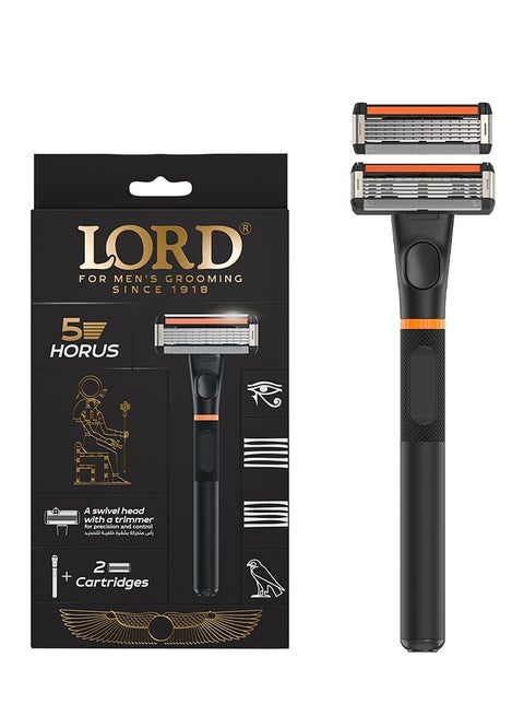 Horus 5 Blade Men’s Razor – Handle + 2 Cartridges with Trimmer & Lubricating Strip