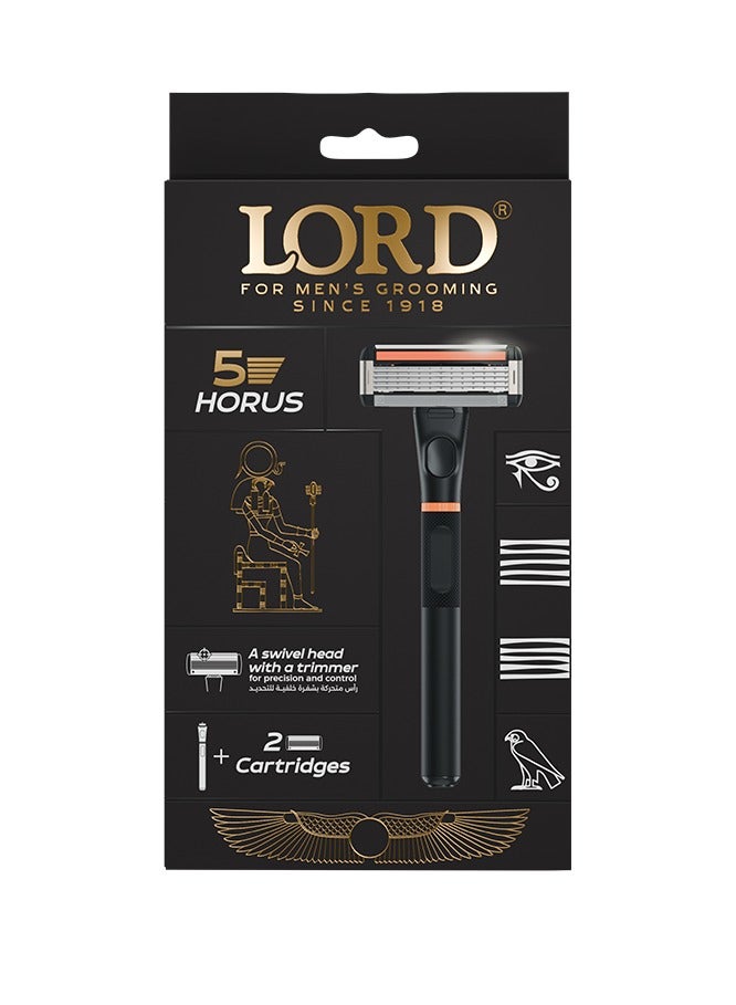 Lord Horus 5 Blade Men’s Razor – Handle + 2 Cartridges with Trimmer & Lubricating Strip - Image 2