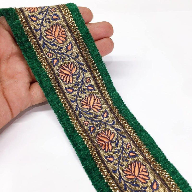 Lami 9 Meter Orange & Green Border Flower Design Weaving Work Lace with Sequins Work, Banarasi Saree Lace Border Trim Ribbons, Bridal Lehenga Saree Dupatta Suit Anarkali Indian Fashion Accessories - Image 5