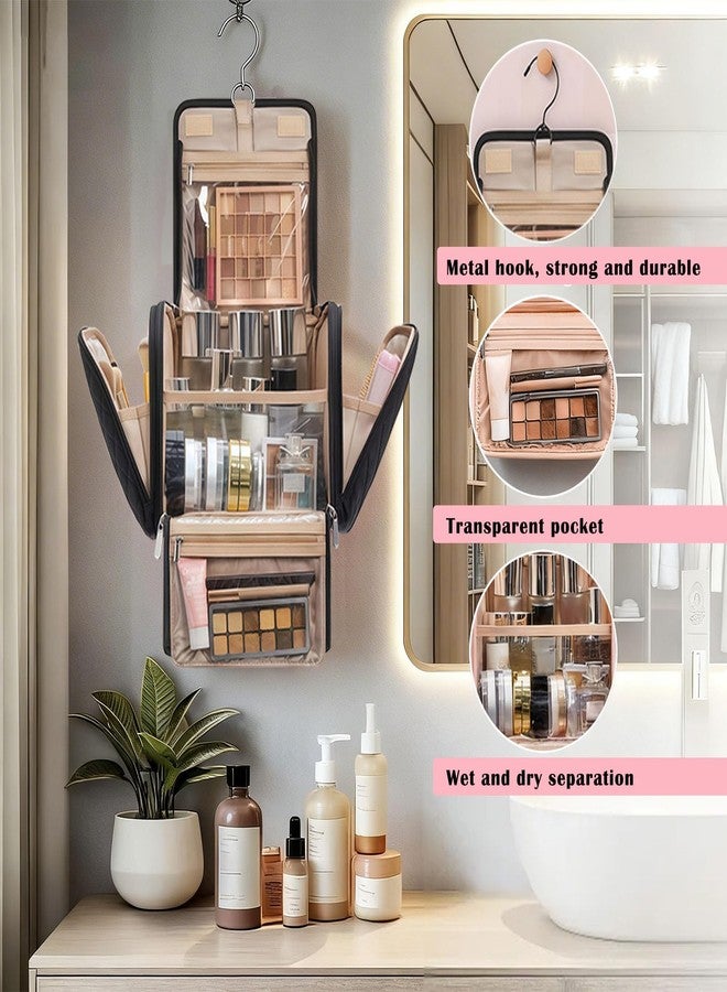 banapoy Hanging Toiletry Bag for Women, Roll up Cosmetics Makeup Bag, Travel Makeup Cosmetic Organizer with Hanging Hook, for Jewelry Toiletries, 10.63x9.45x6.30in (Black) - Image 2