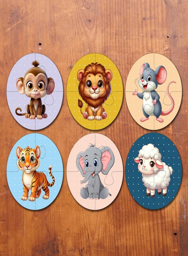Plan To Gift Wooden Jigsaw Puzzle Set of 6 for Kids | Cute Animals Theme | 4-Piece Round Puzzles | Learning Toy for 2-5 Year Old Boys & Girls - Image 1