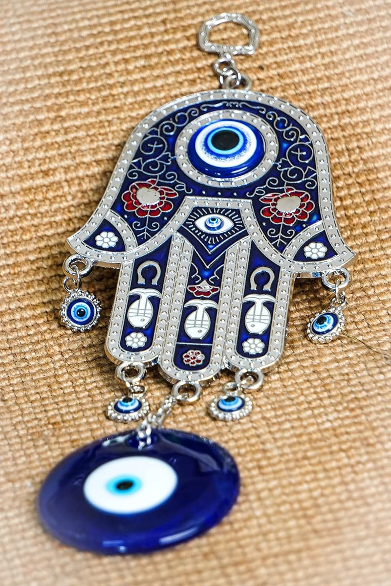 DT DECTONE Metal Blue Evil Eye Nazar Battu With Big Size Hamsa Palm Design With Big Eye Home Decor Wall Hanging| Hanging For Home Car And Office | Good Luck And Prosperity | Hanging Ornament - Image 3