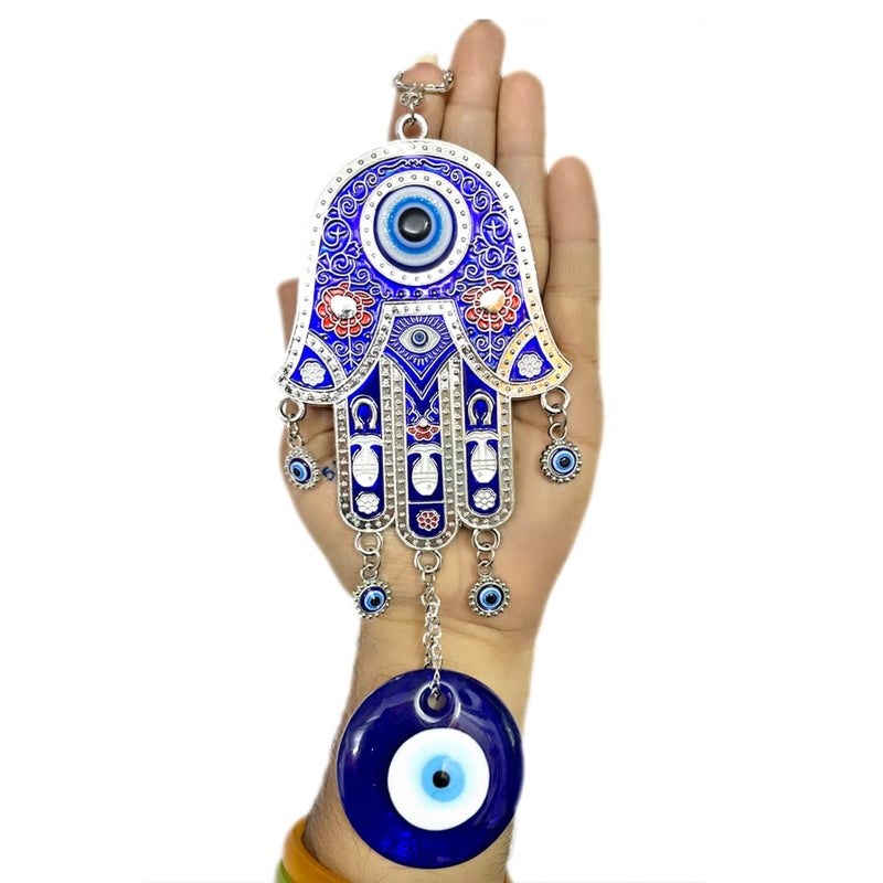 DT DECTONE Metal Blue Evil Eye Nazar Battu With Big Size Hamsa Palm Design With Big Eye Home Decor Wall Hanging| Hanging For Home Car And Office | Good Luck And Prosperity | Hanging Ornament - Image 2