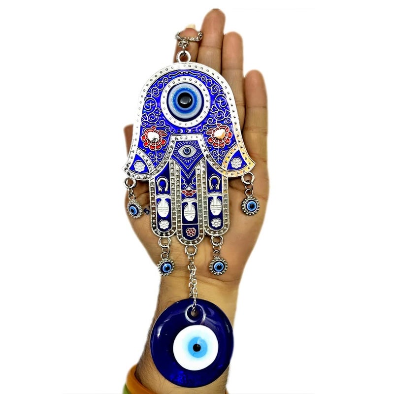 DT DECTONE Metal Blue Evil Eye Nazar Battu With Big Size Hamsa Palm Design With Big Eye Home Decor Wall Hanging| Hanging For Home Car And Office | Good Luck And Prosperity | Hanging Ornament - Image 1