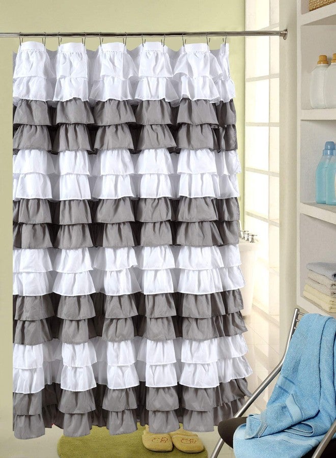 spring Home Waterfall Ruffled Fabric Shower Curtain Size 72 x 72 inch (Strip White/Sliver) - Image 2