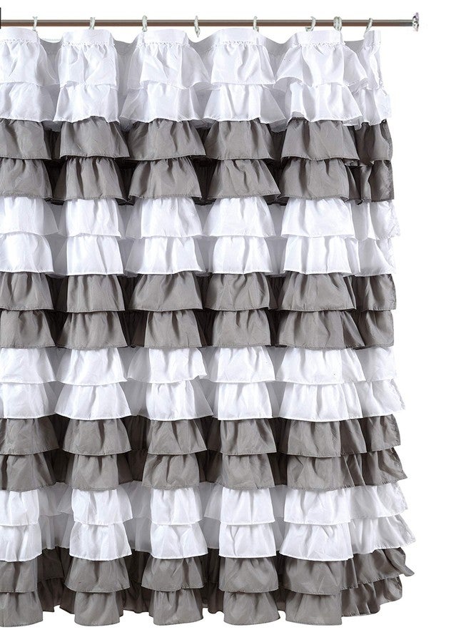 spring Home Waterfall Ruffled Fabric Shower Curtain Size 72 x 72 inch (Strip White/Sliver) - Image 1