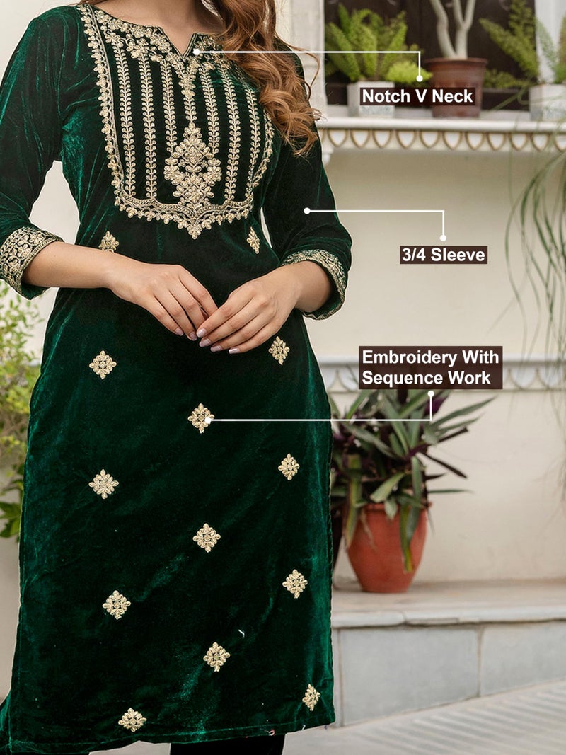 TRENDMALLS Women's Velvet Embroidery Salwar Suit Set Kurta Pant with Dupatta (G323-Green-S) - Image 4