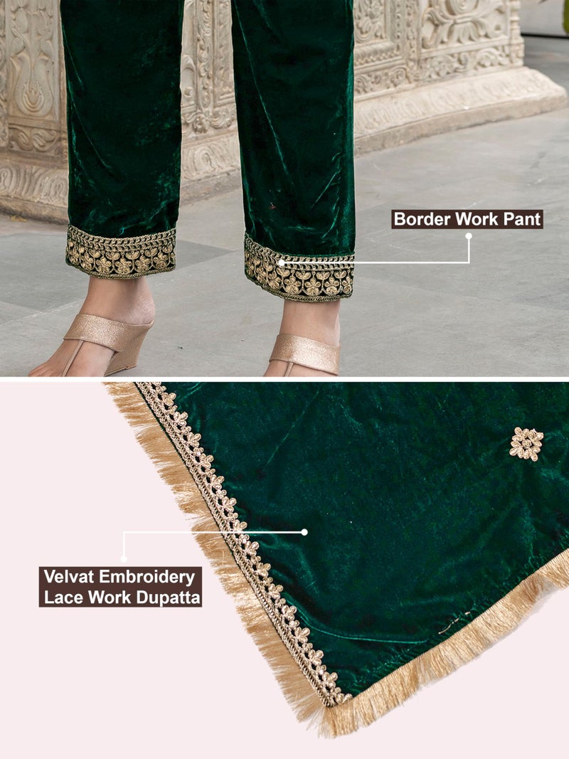 TRENDMALLS Women's Velvet Embroidery Salwar Suit Set Kurta Pant with Dupatta (G323-Green-S) - Image 5