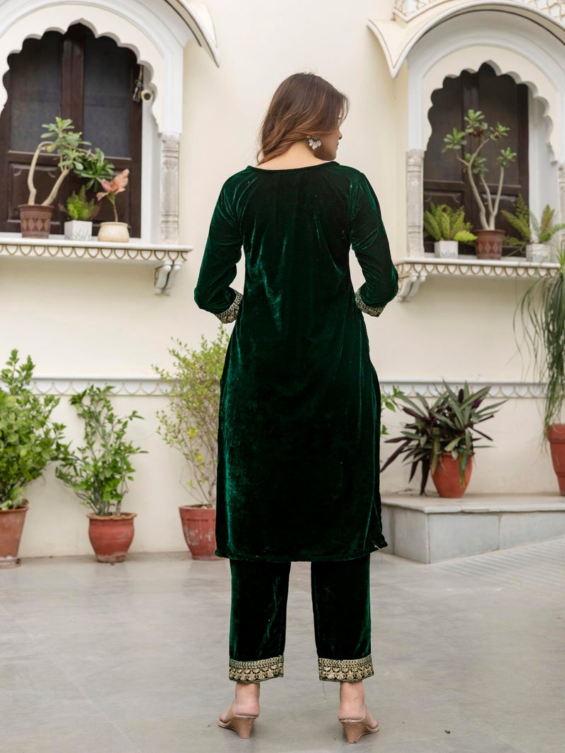 TRENDMALLS Women's Velvet Embroidery Salwar Suit Set Kurta Pant with Dupatta (G323-Green-S) - Image 2