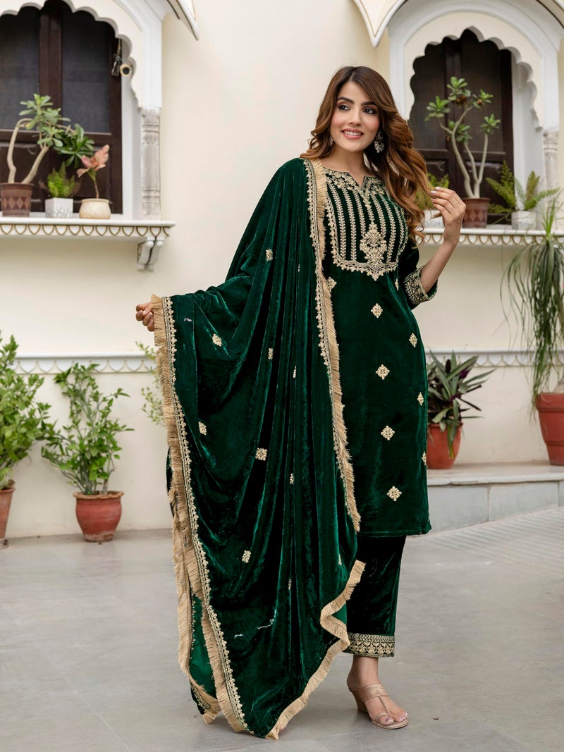 TRENDMALLS Women's Velvet Embroidery Salwar Suit Set Kurta Pant with Dupatta (G323-Green-S) - Image 3