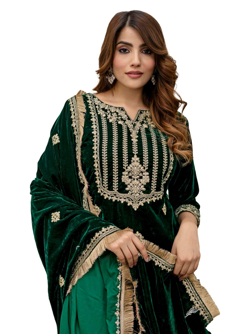 TRENDMALLS Women's Velvet Embroidery Salwar Suit Set Kurta Pant with Dupatta (G323-Green-S) - Image 1