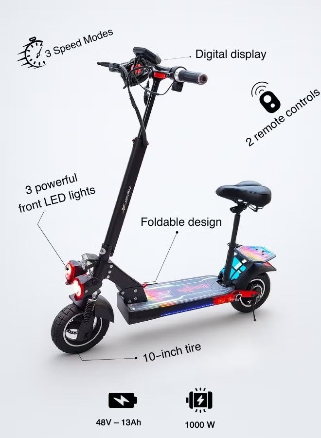 Electric Scooter | Electric Scooter for Adults | Upgraded Foldable Scooter | Powerful 1000W Electric Motor | 48V 13Ah Lithium Battery | 3 LED Headlights | Fully Illuminated Chassis | Modern Digital Display | 10-inch Desert Tires | 2 Remote Controls - Image 1