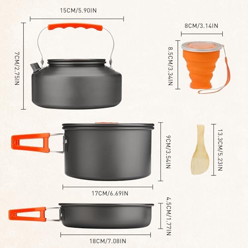 D LIAN DONG Camping Cookware Camping Cooking Set, Non-Stick Hard-Anodized Aluminum Pot & Pan with Kettle, 2 Forks Knives Spoons, 2 Plates & Folding Cups, Compact Backpacking Cookware for 2-3 People, Camping Gift - Image 4