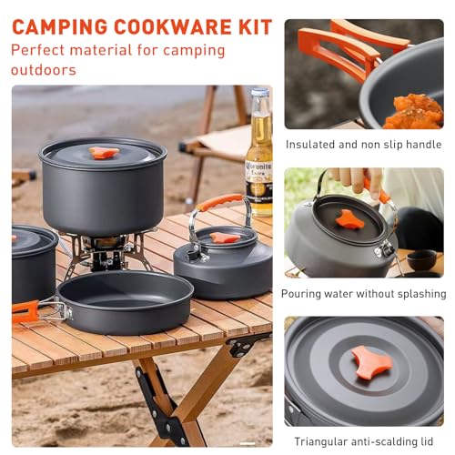 D LIAN DONG Camping Cookware Camping Cooking Set, Non-Stick Hard-Anodized Aluminum Pot & Pan with Kettle, 2 Forks Knives Spoons, 2 Plates & Folding Cups, Compact Backpacking Cookware for 2-3 People, Camping Gift - Image 2