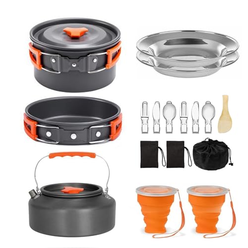 D LIAN DONG Camping Cookware Camping Cooking Set, Non-Stick Hard-Anodized Aluminum Pot & Pan with Kettle, 2 Forks Knives Spoons, 2 Plates & Folding Cups, Compact Backpacking Cookware for 2-3 People, Camping Gift - Image 1