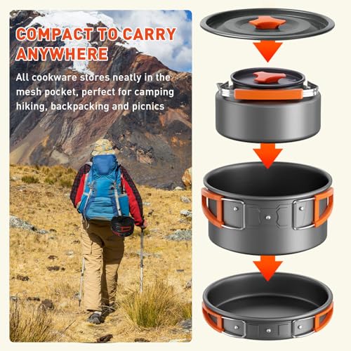 D LIAN DONG Camping Cookware Camping Cooking Set, Non-Stick Hard-Anodized Aluminum Pot & Pan with Kettle, 2 Forks Knives Spoons, 2 Plates & Folding Cups, Compact Backpacking Cookware for 2-3 People, Camping Gift - Image 3