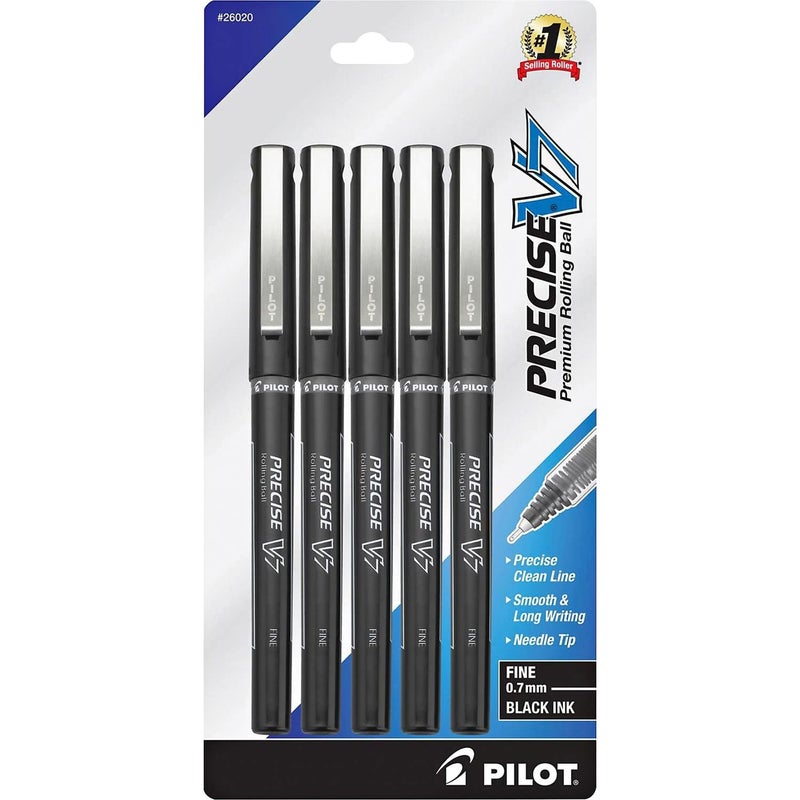 Pilot, Precise V7, Capped Liquid Ink Rollerball Pens, Fine Point 0.7 mm, Black Ink Pens, Pack of 5 - Ideal for School, Journaling & Office Writing - Image 1