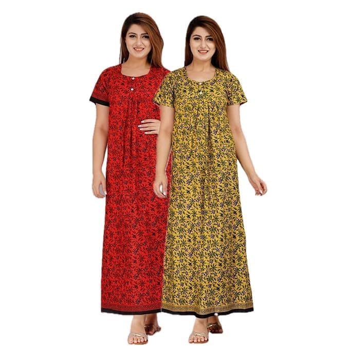 YUKATA Nighty for Women Cotton Printed Maxi Gown Ankle Length Nighty Night Dress Gown for Women Maxi - Free Size (Pack of 2) (Free Size, Red&Musterd) - Image 1