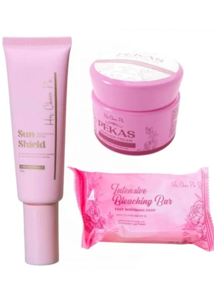 Her Choice Ph Intensive Whitening Soap 120 grams & Cream To Reduce Melasma Freckles and Dark Spots 50 grams &   Sunshield SPF50 - 50gm 