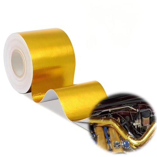 OIXXAF db11 YXT Adhesive Backed Heat Barrier Tape Roll, Glassfiber Heat Shield Reflective Tape Wrap Roll 2'' x 16.4'(5M) for Car Intake Pipe, Engine Bay (Gold) - Image 1