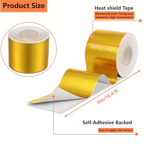 OIXXAF db11 YXT Adhesive Backed Heat Barrier Tape Roll, Glassfiber Heat Shield Reflective Tape Wrap Roll 2'' x 16.4'(5M) for Car Intake Pipe, Engine Bay (Gold) - Image 2