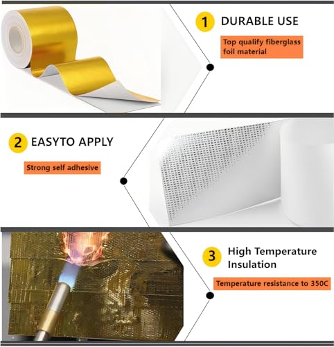 OIXXAF db11 YXT Adhesive Backed Heat Barrier Tape Roll, Glassfiber Heat Shield Reflective Tape Wrap Roll 2'' x 16.4'(5M) for Car Intake Pipe, Engine Bay (Gold) - Image 3