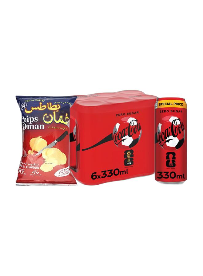 noon Chips Oman Chilli Flavour Potato Chips 97grams + Coca Cola Zero Calories Carbonated Soft Drink Can 330ml Pack of 6 - Image 1