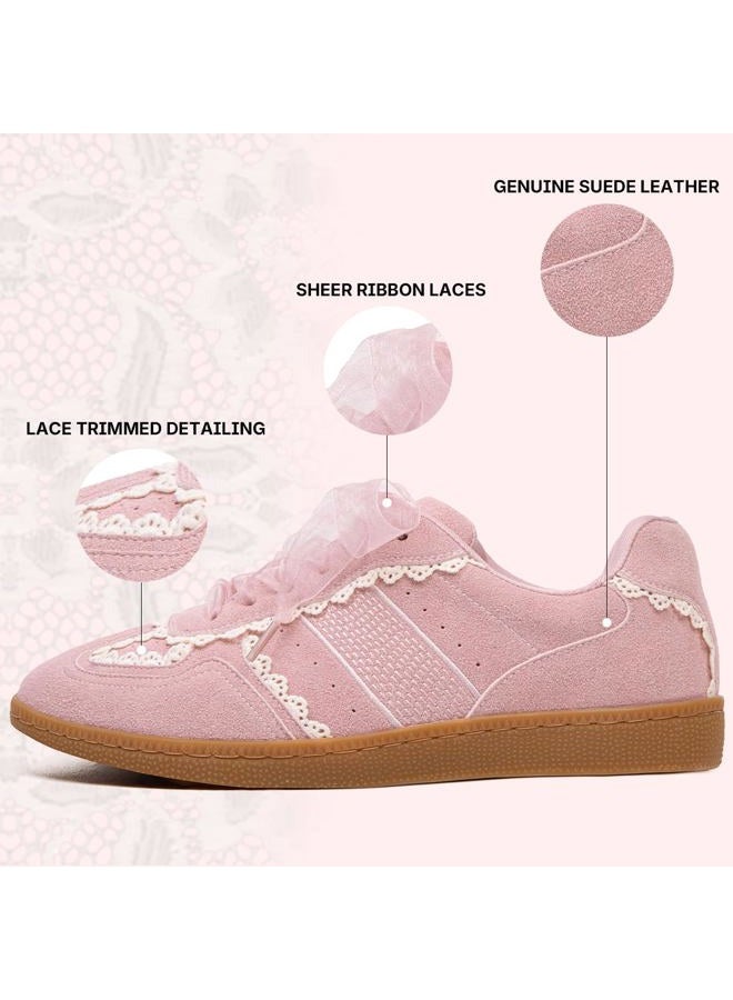 BeeLg Casual Sneakers for Women Lace Detail – Elegant Ribbon Lace-Up Fashion Sneakers with Leather Upper Memory Foam Insole and Slip On Trendy Casual Shoes for Women, Pink, 7.5 - Image 4
