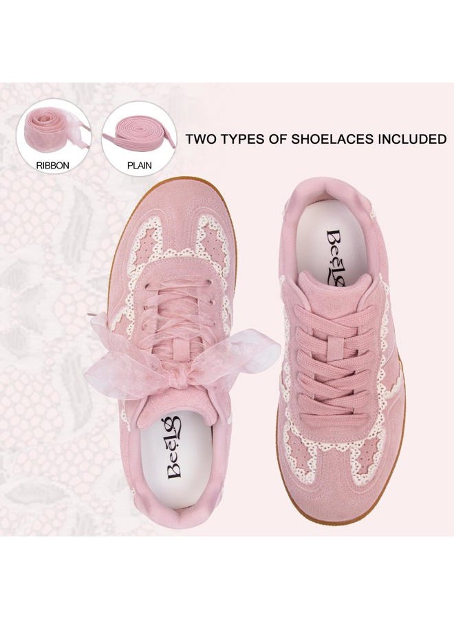 BeeLg Casual Sneakers for Women Lace Detail – Elegant Ribbon Lace-Up Fashion Sneakers with Leather Upper Memory Foam Insole and Slip On Trendy Casual Shoes for Women, Pink, 7.5 - Image 5