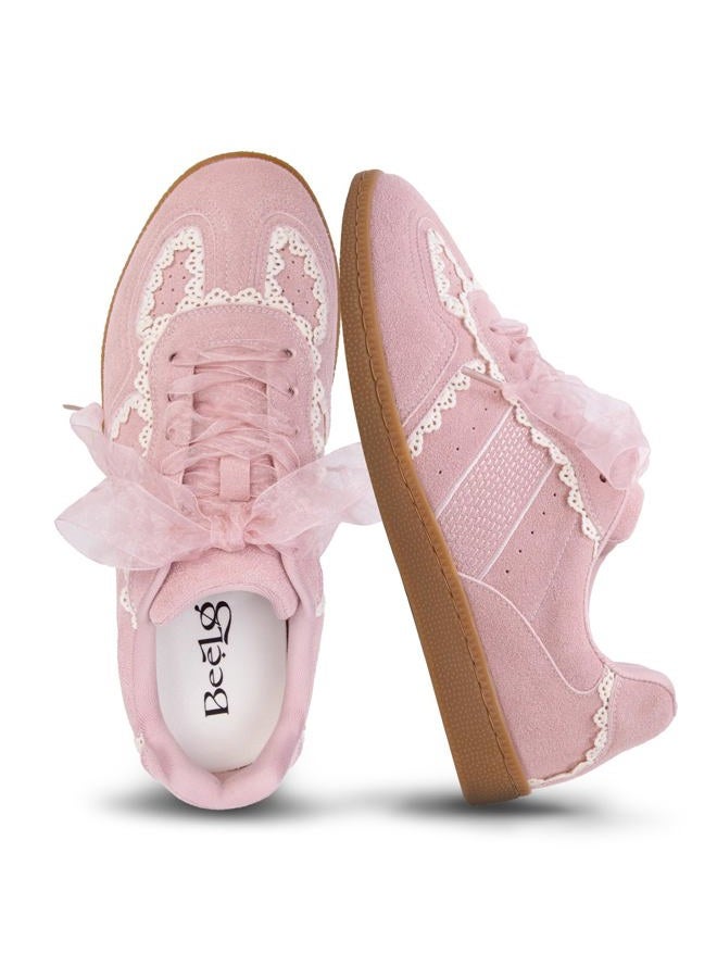 BeeLg Casual Sneakers for Women Lace Detail – Elegant Ribbon Lace-Up Fashion Sneakers with Leather Upper Memory Foam Insole and Slip On Trendy Casual Shoes for Women, Pink, 7.5 - Image 1