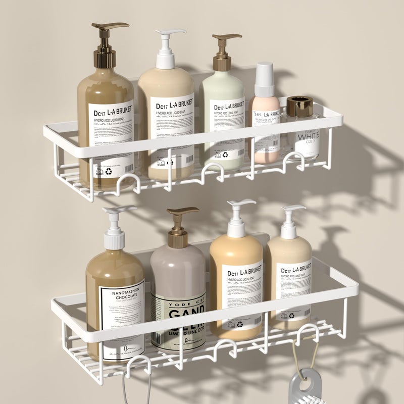 Oasiteege White Shower Caddy Organizer  2 Pack Adhesive Shampoo Holder Basket Shelves For Storage And Organization  Wall Suction Bath Bathtub Rack Set For Rv Camper  Bathroom Restroom Decor And Accessories - Image 1