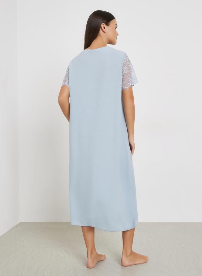 Styli Waffle Textured Lace Insert Buttoned Nightdress - Image 4