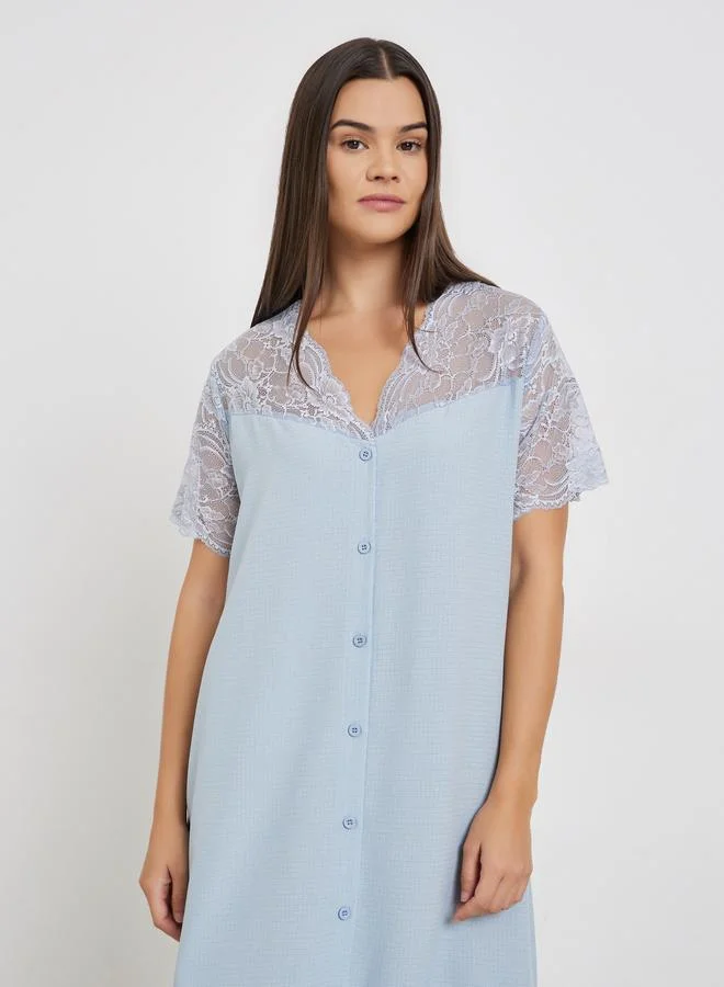 Styli Waffle Textured Lace Insert Buttoned Nightdress