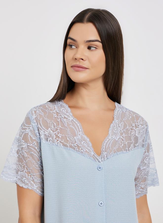 Styli Waffle Textured Lace Insert Buttoned Nightdress - Image 3