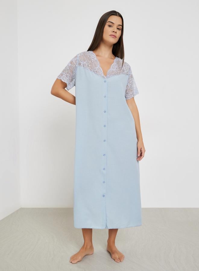 Styli Waffle Textured Lace Insert Buttoned Nightdress - Image 1