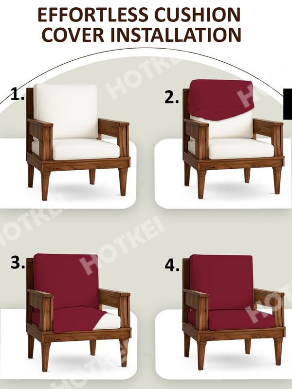 HOTKEI Maroon (Pack of 6) 200 GSM Fabric Wooden Sofa Seat Cover Elastic Stretchable Cushion Seat Slip Cover Protector for Wooden Sofa Set 3 Seater Antislip Full Covers for Living Room - Image 5