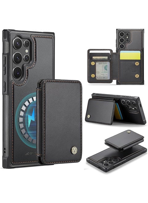 Removable Magnetic Wallet Case with Card Holder, Kickstand, Compatible with MagSafe, RFID Blocking with Wireless Charging for Galaxy S25 Ultra Case, Black