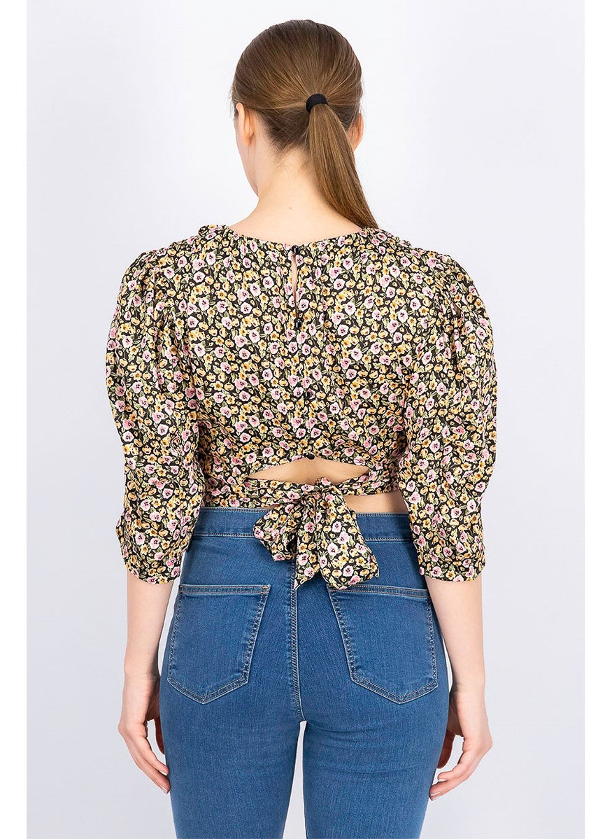 TOPSHOP Women Crew Neck Long Sleeve Floral Printed Blouse, Black Combo  - Image 2