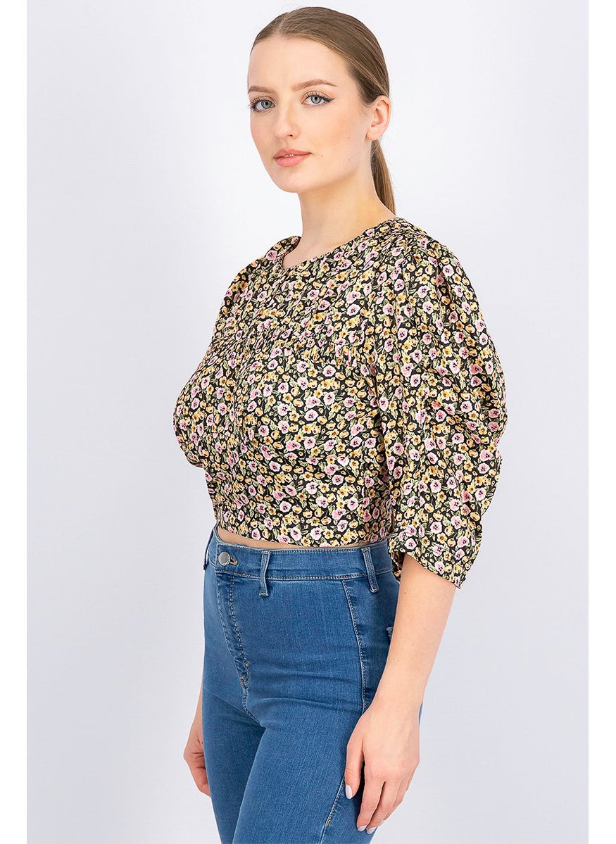 TOPSHOP Women Crew Neck Long Sleeve Floral Printed Blouse, Black Combo  - Image 3